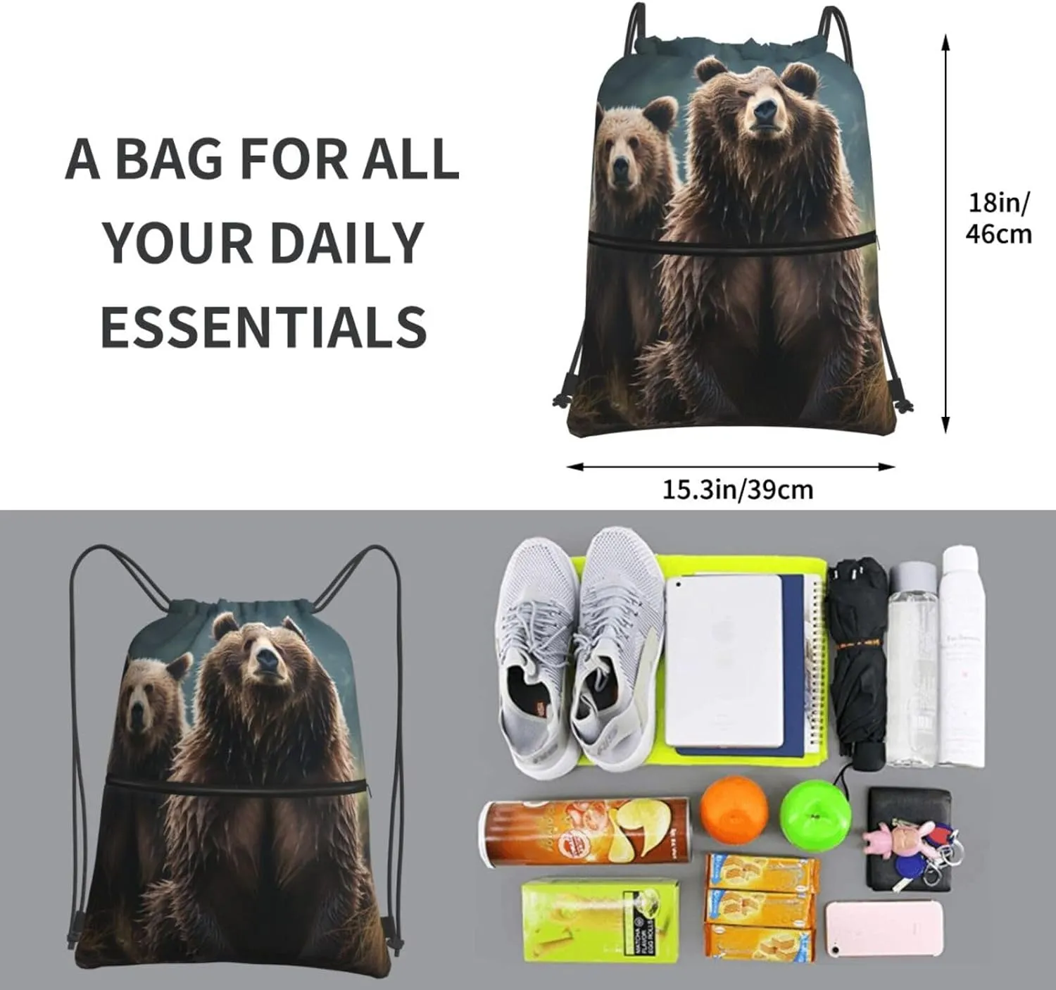 Drawstring Bag Gym Sack Drawstring Backpack Sport Gym Sack Cinch Bag Evening in Vancouver Sport Bags for Travel, Encounter Animal Bear, One Size
