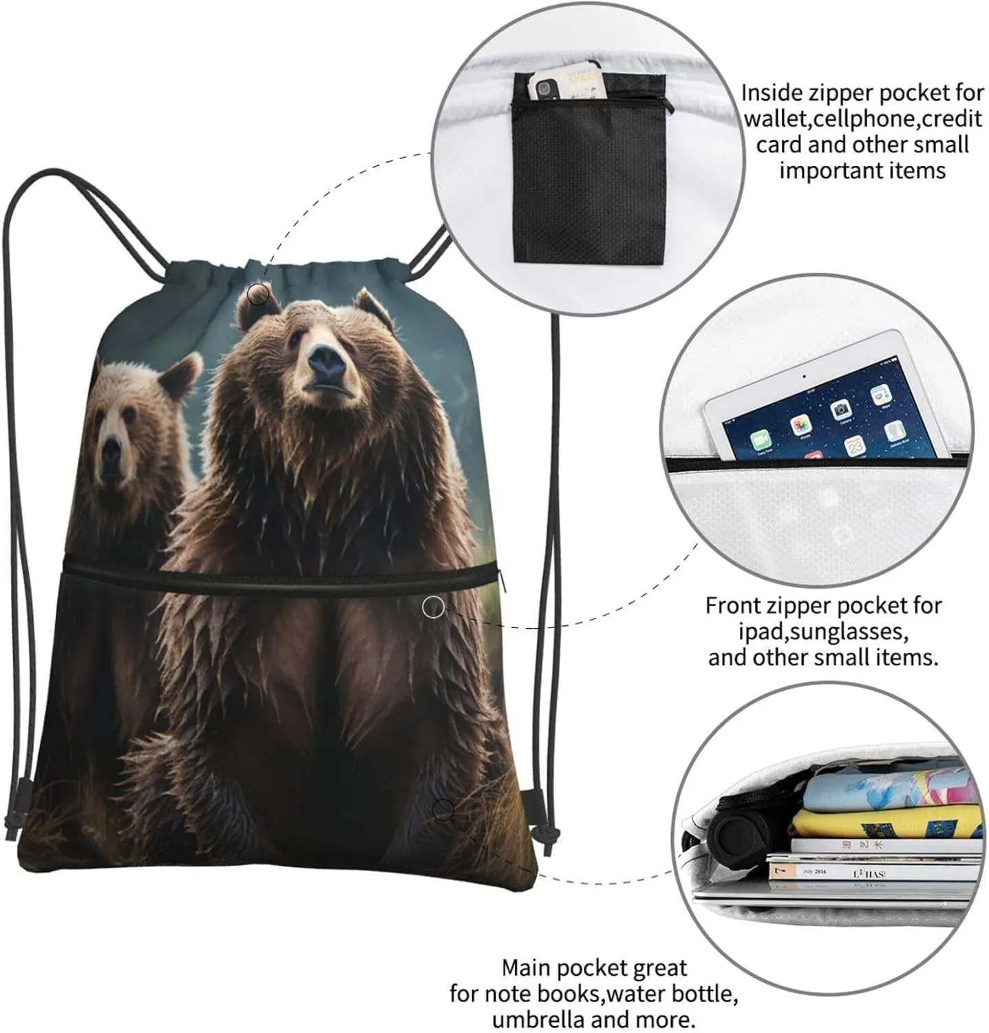 Drawstring Bag Gym Sack Drawstring Backpack Sport Gym Sack Cinch Bag Evening in Vancouver Sport Bags for Travel, Encounter Animal Bear, One Size