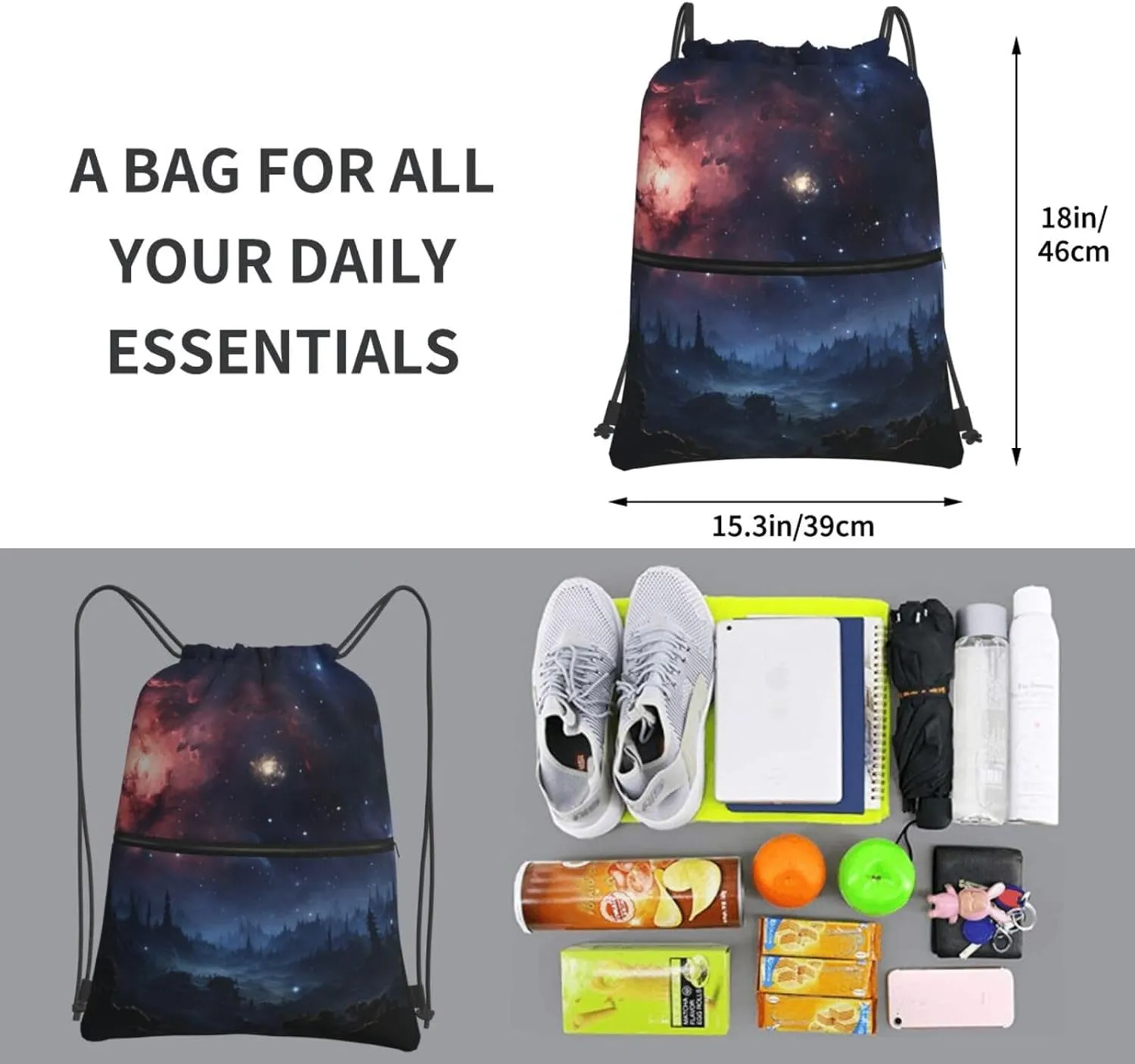 Drawstring Bag Gym Sack Drawstring Backpack Sport Gym Sack Cinch Bag Park at Sunset Sport Bags for Travel, Night Stars, One Size