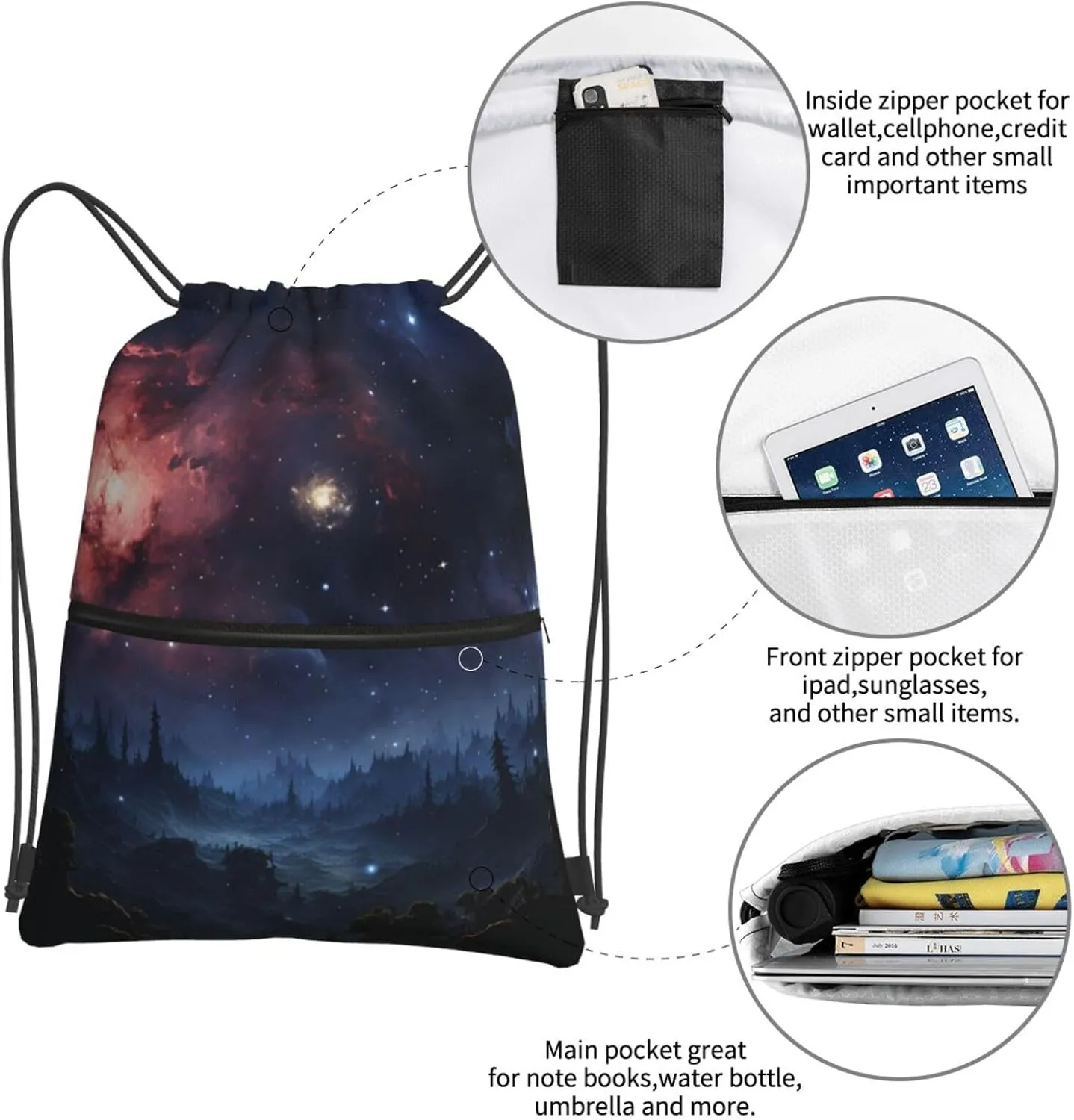 Drawstring Bag Gym Sack Drawstring Backpack Sport Gym Sack Cinch Bag Park at Sunset Sport Bags for Travel, Night Stars, One Size