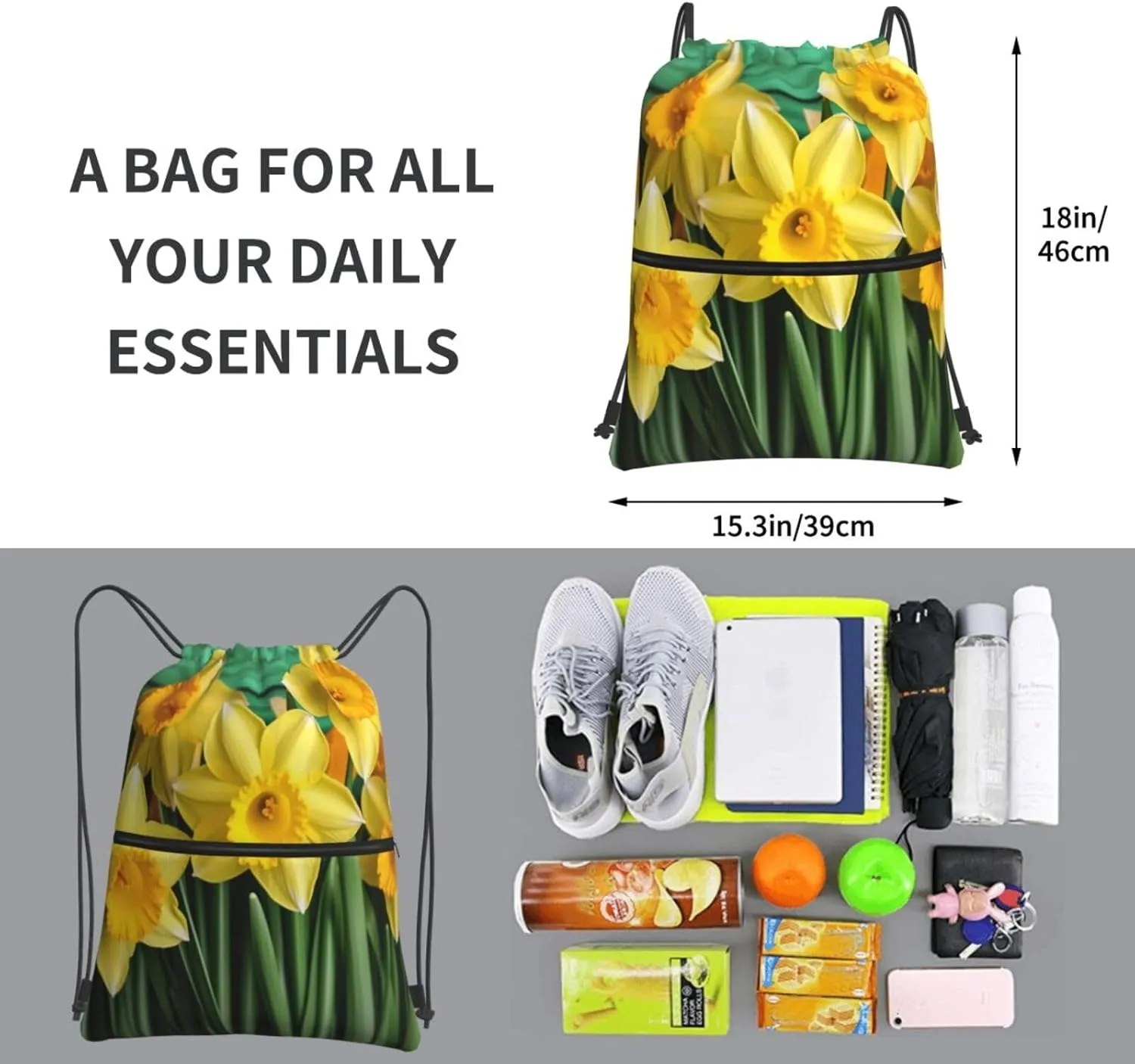 Drawstring Bag Gym Sack Drawstring Backpack Sport Gym Sack Cinch Bag Zebra Print Sport Bags for Travel, Yellow Daffodils Flowers, One Size