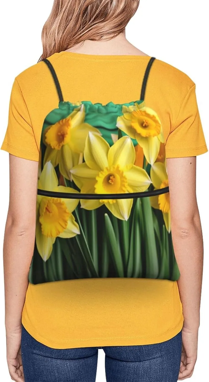 Drawstring Bag Gym Sack Drawstring Backpack Sport Gym Sack Cinch Bag Zebra Print Sport Bags for Travel, Yellow Daffodils Flowers, One Size