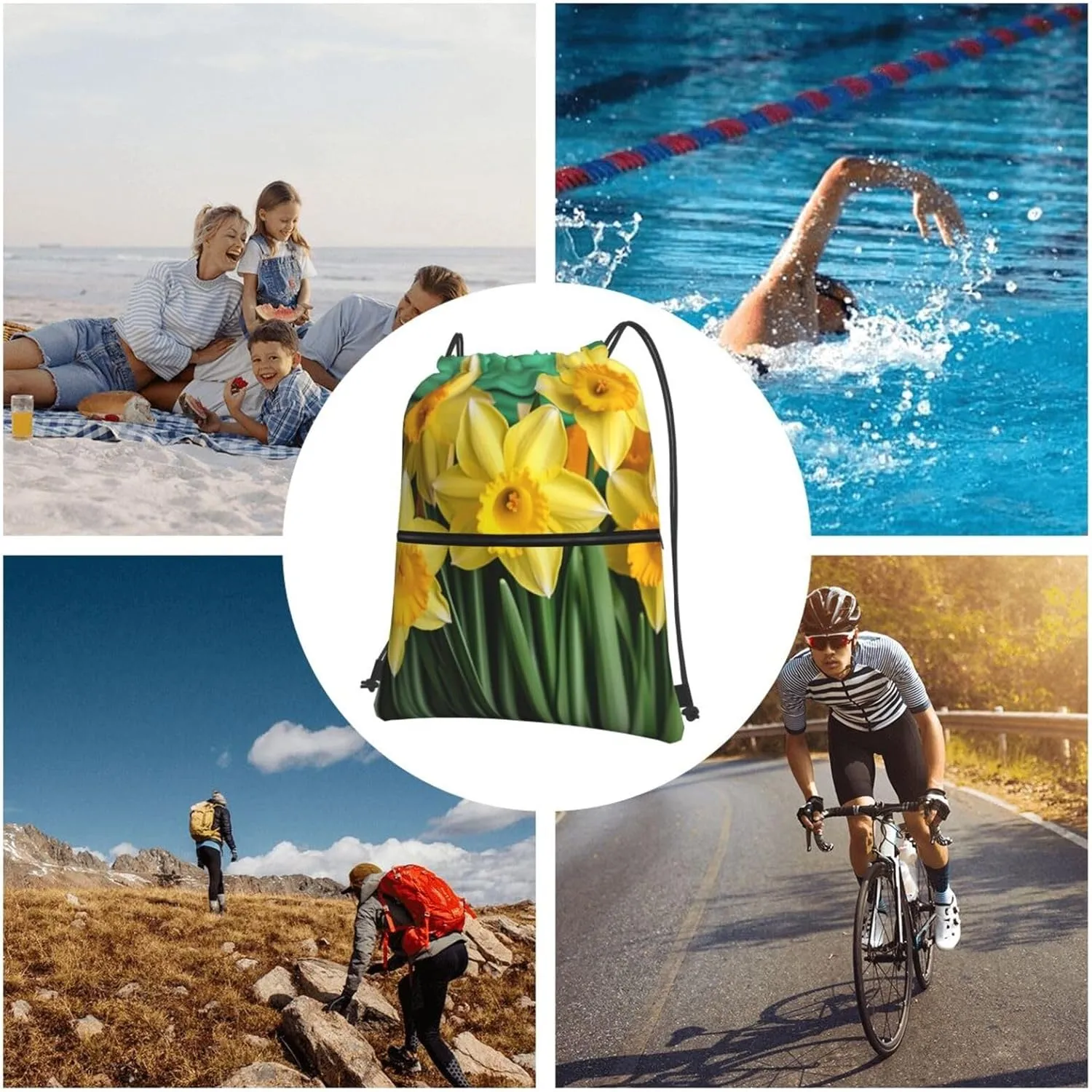 Drawstring Bag Gym Sack Drawstring Backpack Sport Gym Sack Cinch Bag Zebra Print Sport Bags for Travel, Yellow Daffodils Flowers, One Size