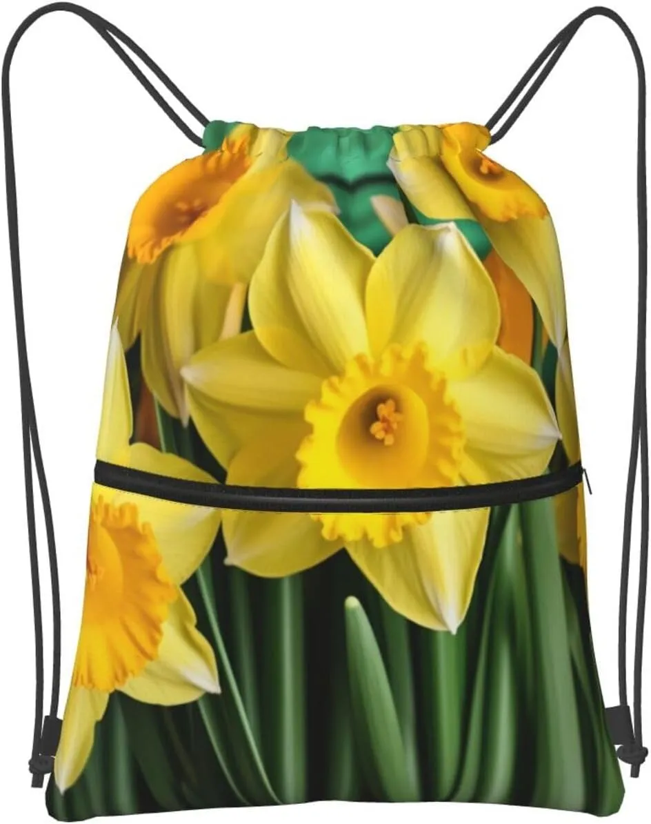 Drawstring Bag Gym Sack Drawstring Backpack Sport Gym Sack Cinch Bag Zebra Print Sport Bags for Travel, Yellow Daffodils Flowers, One Size