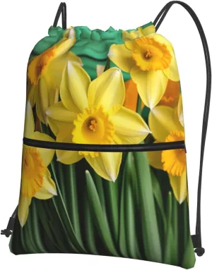 Drawstring Bag Gym Sack Drawstring Backpack Sport Gym Sack Cinch Bag Zebra Print Sport Bags for Travel, Yellow Daffodils Flowers, One Size