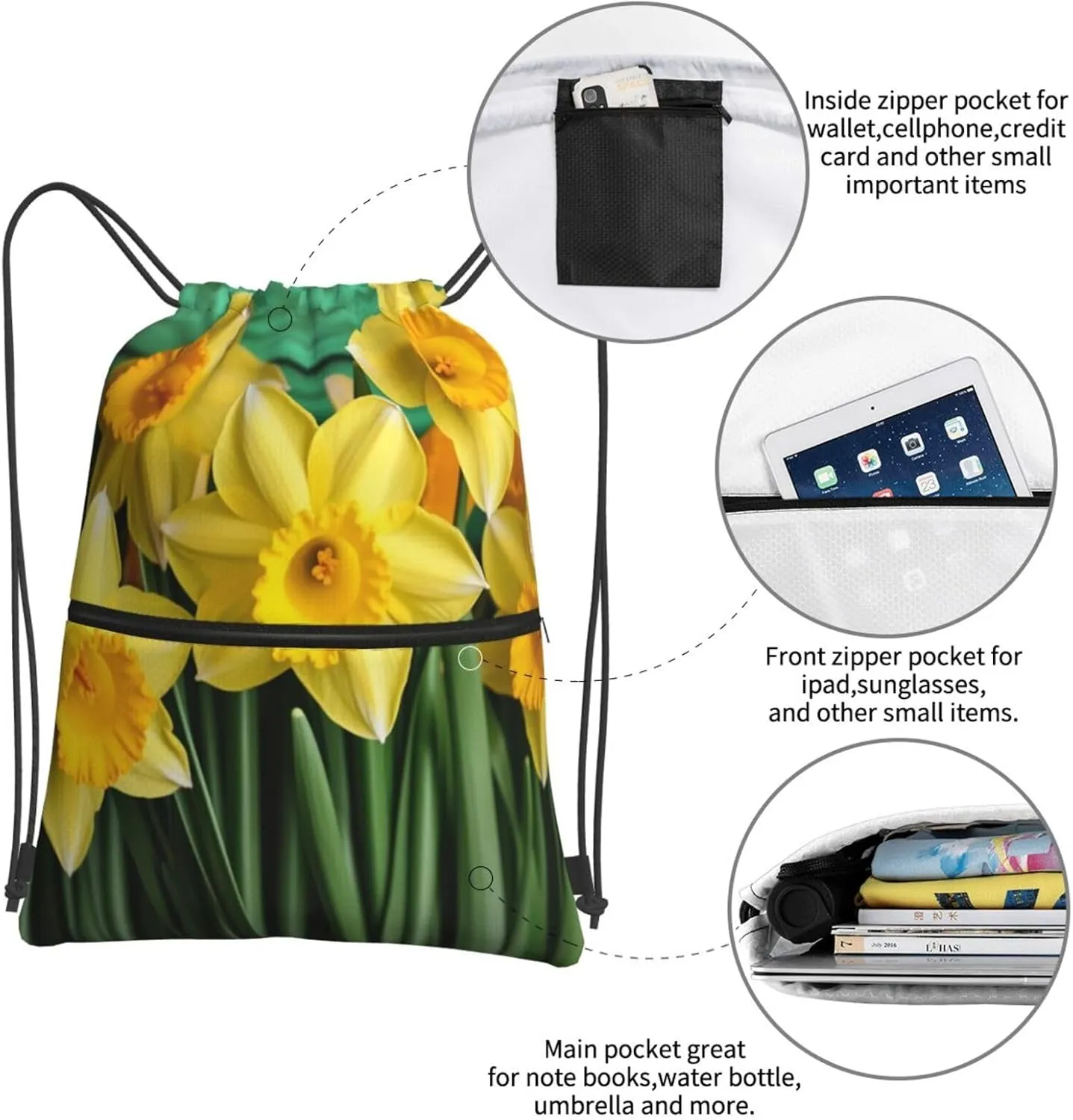 Drawstring Bag Gym Sack Drawstring Backpack Sport Gym Sack Cinch Bag Zebra Print Sport Bags for Travel, Yellow Daffodils Flowers, One Size