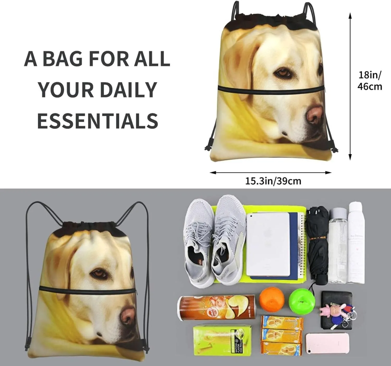 Drawstring Bag Gym Sack Drawstring Backpack Sport Gym Sack Cinch Bag Zebra Print Sport Bags for Travel, Yellow Dog, One Size