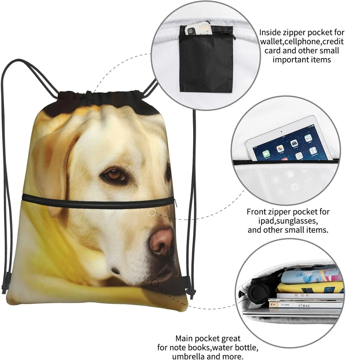 Drawstring Bag Gym Sack Drawstring Backpack Sport Gym Sack Cinch Bag Zebra Print Sport Bags for Travel, Yellow Dog, One Size
