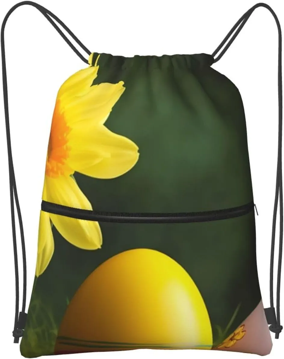 Drawstring Bag Gym Sack Drawstring Backpack Sport Gym Sack Cinch Bag Zebra Print Sport Bags for Travel, Yellow Flower and Egg, One Size