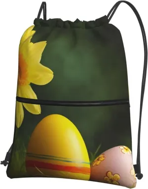 Drawstring Bag Gym Sack Drawstring Backpack Sport Gym Sack Cinch Bag Zebra Print Sport Bags for Travel, Yellow Flower and Egg, One Size