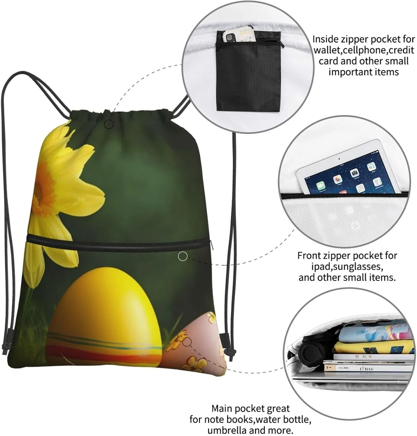 Drawstring Bag Gym Sack Drawstring Backpack Sport Gym Sack Cinch Bag Zebra Print Sport Bags for Travel, Yellow Flower and Egg, One Size