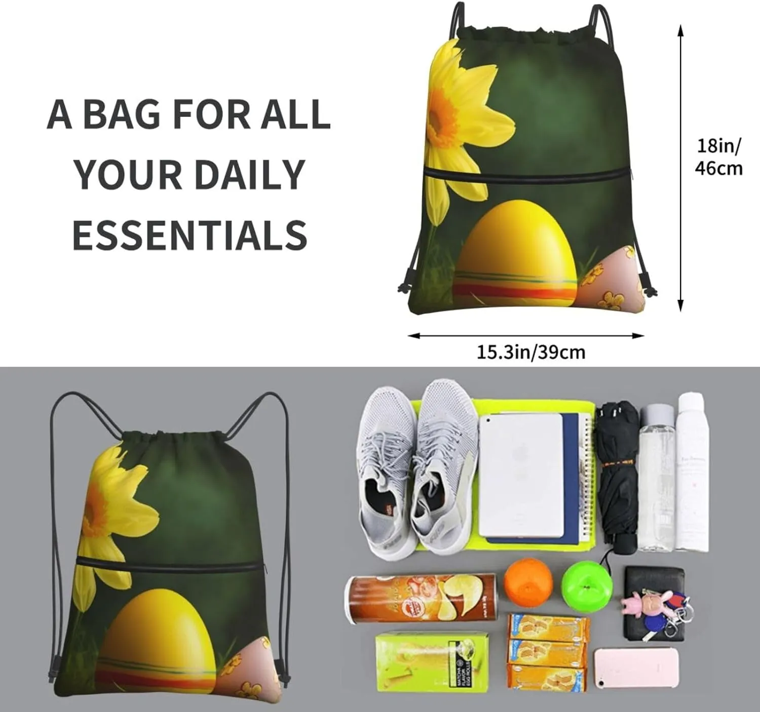 Drawstring Bag Gym Sack Drawstring Backpack Sport Gym Sack Cinch Bag Zebra Print Sport Bags for Travel, Yellow Flower and Egg, One Size