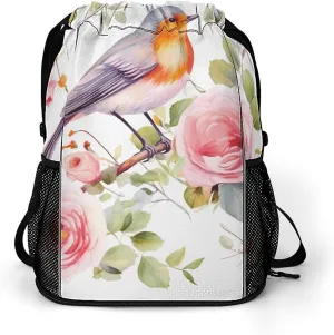 Drawstring Gym Bag,Watercolor Floral Robin Bird Print Drawstring Backpack,Sports Gym Backpack with Mesh Pocket String Bag for Women Men
