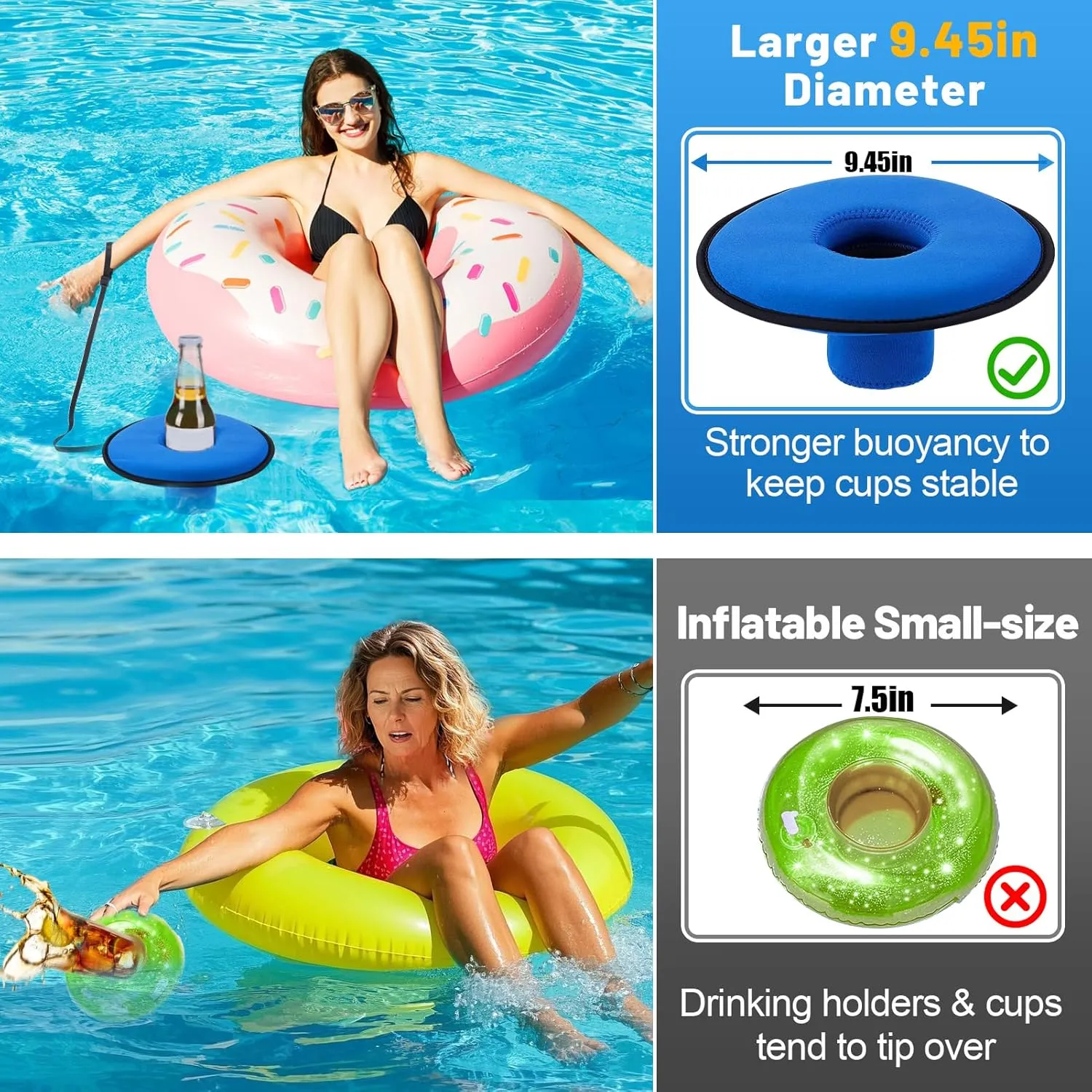 Drink Floats for Swimming Pool - Fit 2.75in Dia. Can Glasses Floating Drink Holder with Lanyard, Large Size Neoprene Cup Floaties for Adults Pool Party Lake Boat Water Fun - 4Pcs