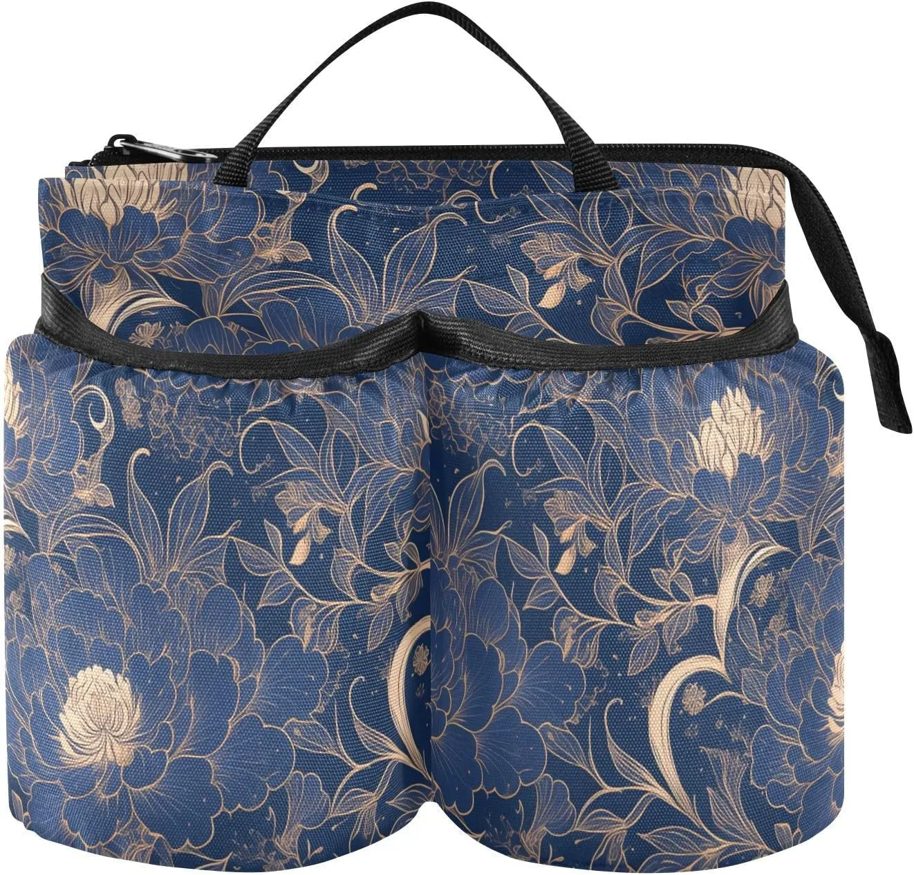 Drink Holder Travel Unique Navy Blue Gold Peony Floral Beverage Bottle Holder Hold Two Coffee Mugs for Flight Attendants Businessmen Travelers