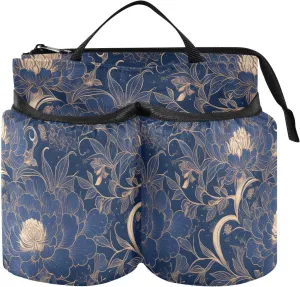 Drink Holder Travel Unique Navy Blue Gold Peony Floral Beverage Bottle Holder Hold Two Coffee Mugs for Flight Attendants Businessmen Travelers