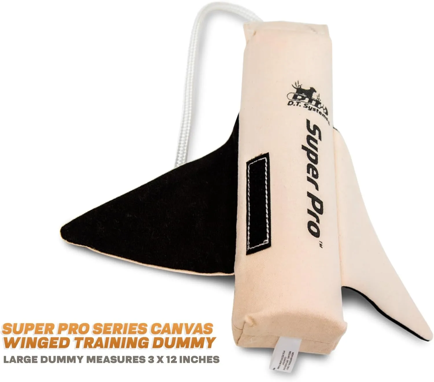 DT Systems Super Pro Series Canvas Winged Dummy, Durable High-Visibility Black & White Floating Hunting Dog Retriever Training Tool with Scent Strip & Rope Handle