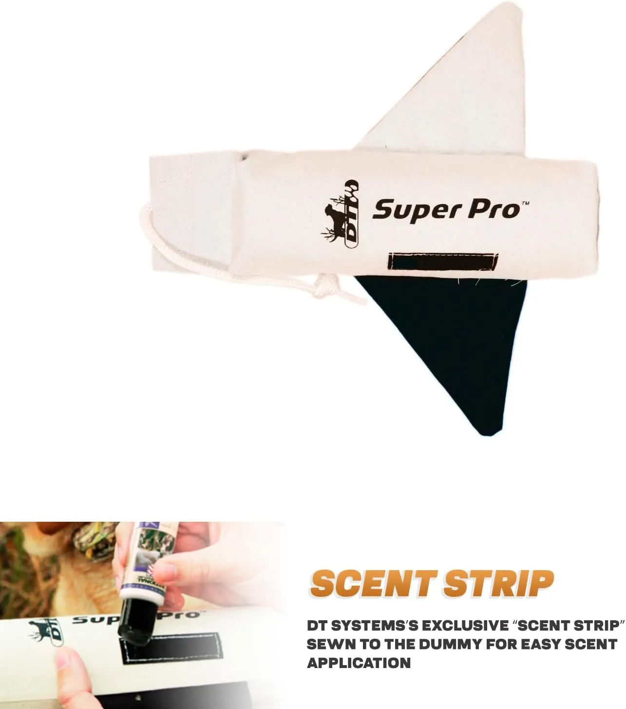 DT Systems Super Pro Series Canvas Winged Dummy, Durable High-Visibility Black & White Floating Hunting Dog Retriever Training Tool with Scent Strip & Rope Handle