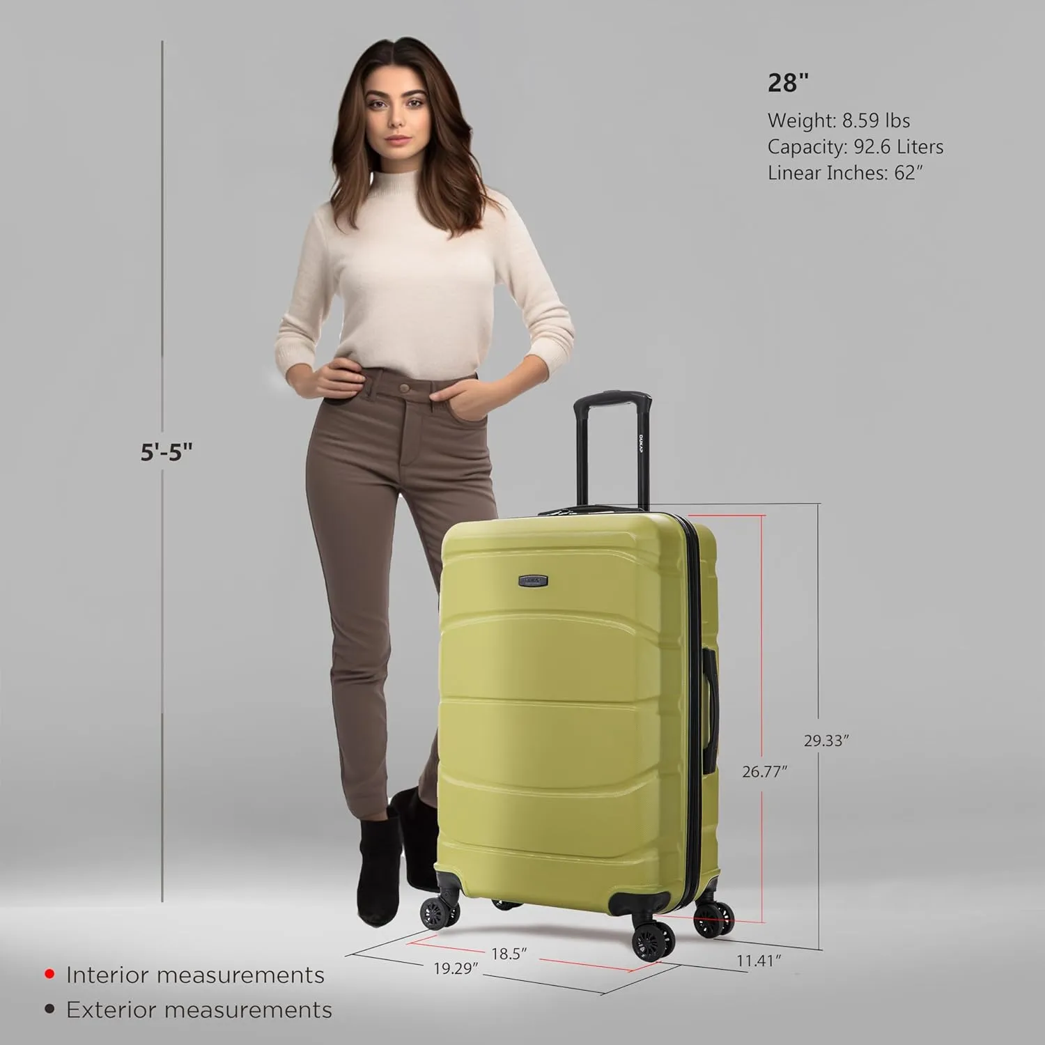 DUKAP SENSE Hardside Luggage with Spinner Wheels | 28 in Durable Lightweight Large Checked Suitcase for Travel | Zipper Clouser Suit Case with Gel Handles and Trolley | Green