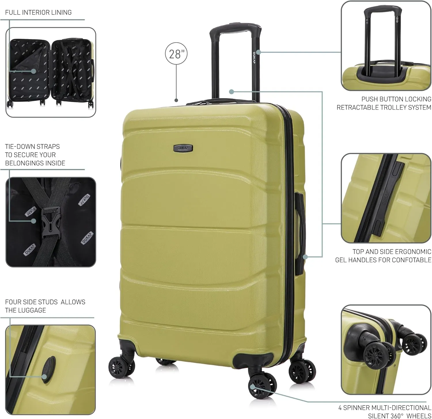 DUKAP SENSE Hardside Luggage with Spinner Wheels | 28 in Durable Lightweight Large Checked Suitcase for Travel | Zipper Clouser Suit Case with Gel Handles and Trolley | Green