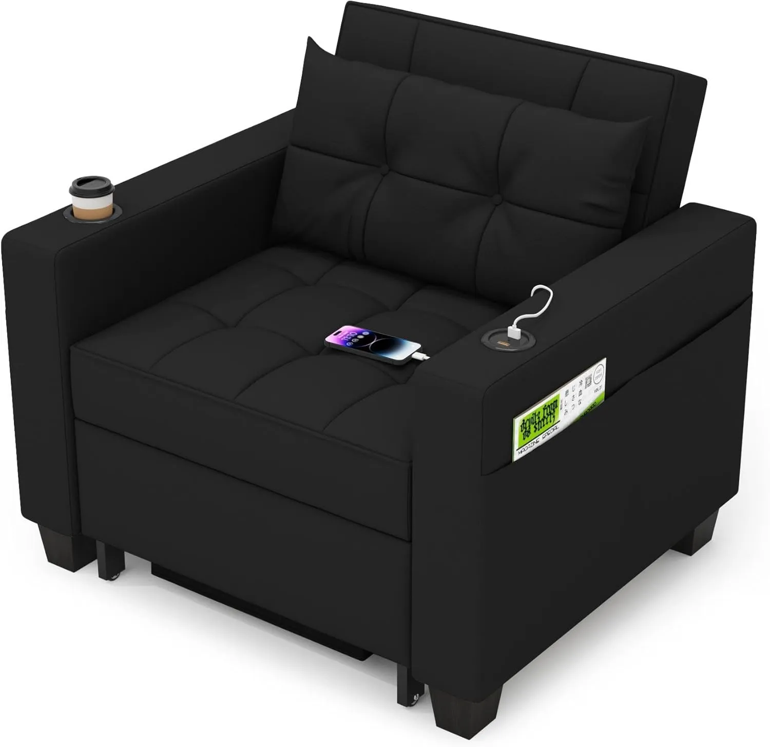 DURASPACE 39" Futon Chair Bed Convertible Chair 3-in-1 Pull Out Sleeper Reading Chair Beds with USB, Armchair Sleeper Bed for Living Room, Dorm, Small Space (Black Faux Leather)