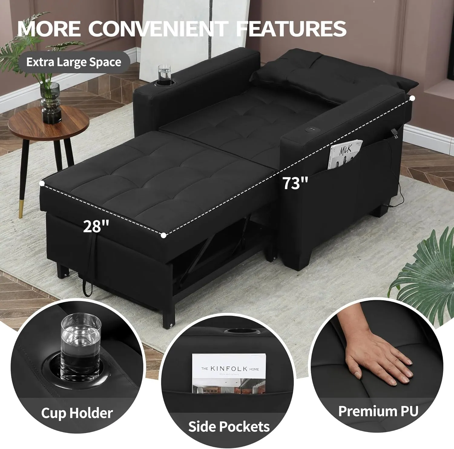DURASPACE 39" Futon Chair Bed Convertible Chair 3-in-1 Pull Out Sleeper Reading Chair Beds with USB, Armchair Sleeper Bed for Living Room, Dorm, Small Space (Black Faux Leather)