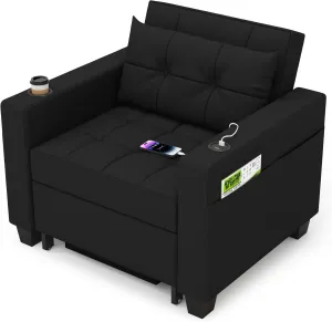 DURASPACE 39" Futon Chair Bed Convertible Chair 3-in-1 Pull Out Sleeper Reading Chair Beds with USB, Armchair Sleeper Bed for Living Room, Dorm, Small Space (Black Faux Leather)