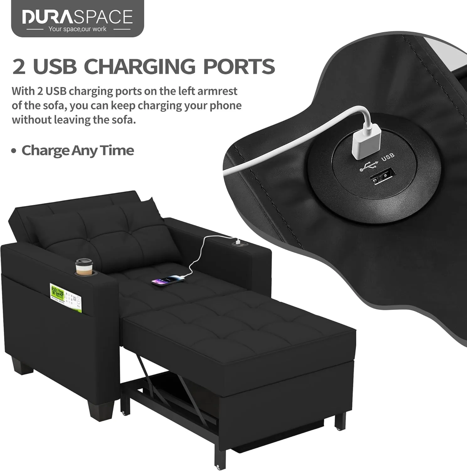 DURASPACE 39" Futon Chair Bed Convertible Chair 3-in-1 Pull Out Sleeper Reading Chair Beds with USB, Armchair Sleeper Bed for Living Room, Dorm, Small Space (Black Faux Leather)