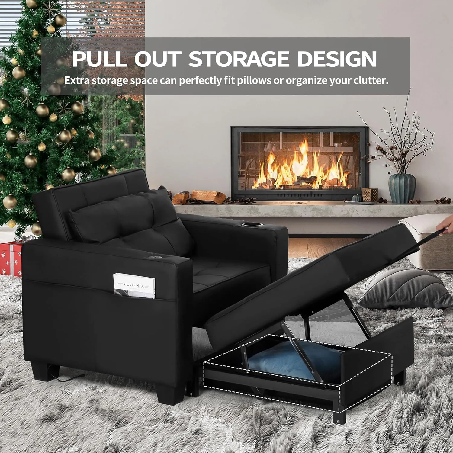DURASPACE 39" Futon Chair Bed Convertible Chair 3-in-1 Pull Out Sleeper Reading Chair Beds with USB, Armchair Sleeper Bed for Living Room, Dorm, Small Space (Black Faux Leather)