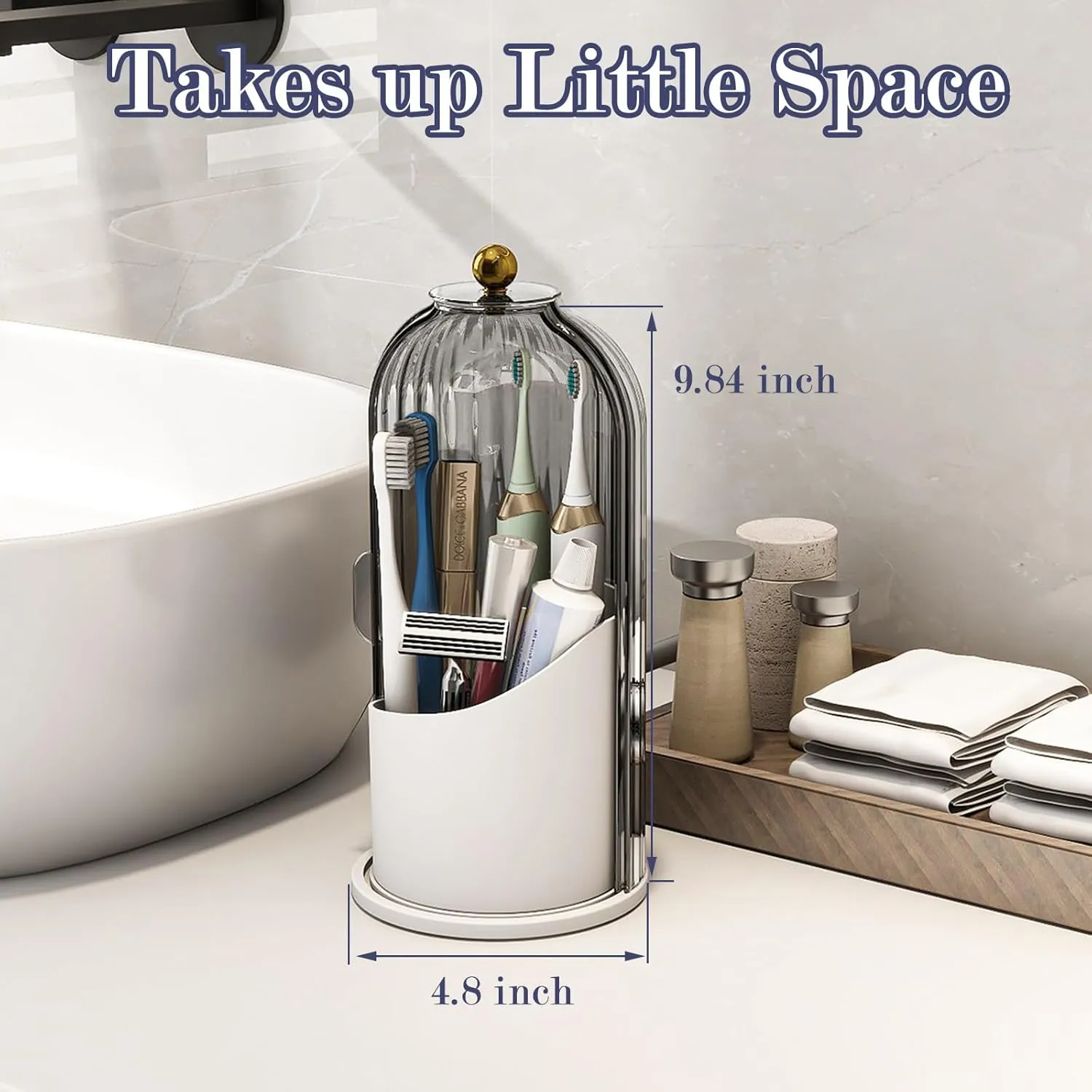 Dustproof Toothbrush Holders with Cover, Rotating Electric Toothbrush and Toothpaste Holder for Bathroom Countertop, 3 Slots Makeup Brushes Organizer, Grey White