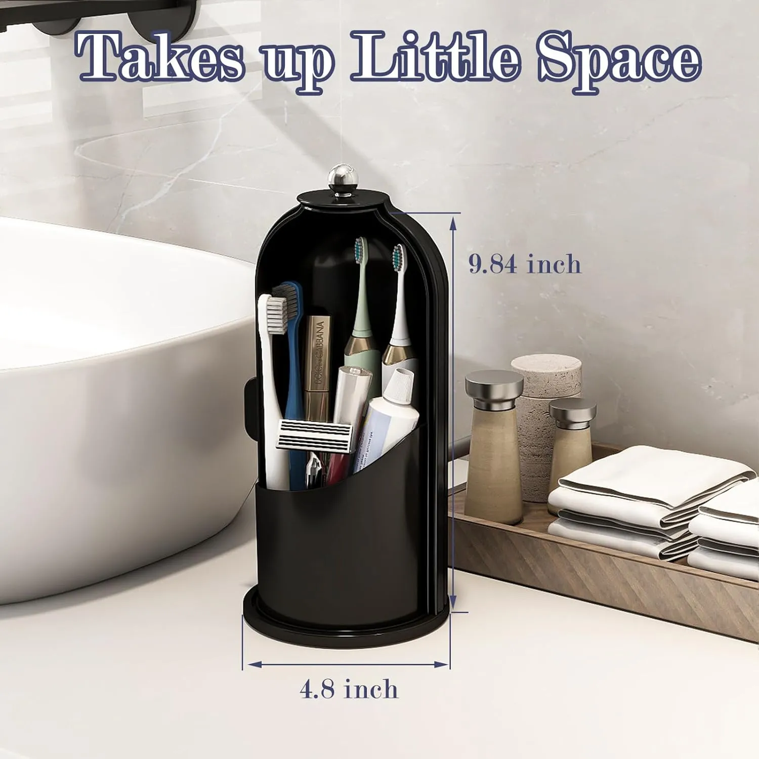 Dustproof Toothbrush Holders with Cover, Rotating Electric Toothbrush and Toothpaste Holder for Bathroom Countertop, 3 Slots Makeup Brushes Organizer, Solid Black