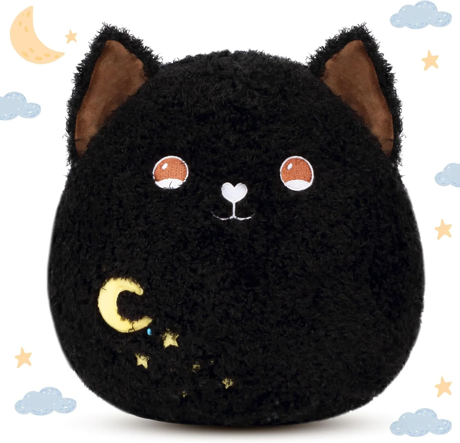 Easfan Black Cat Plush Pillow Soft Plush Toy Cute Good Sleep Stuffed Animal Home Room Decoration Best Wish Birthday Gifts for Girls Boys Kids,12"