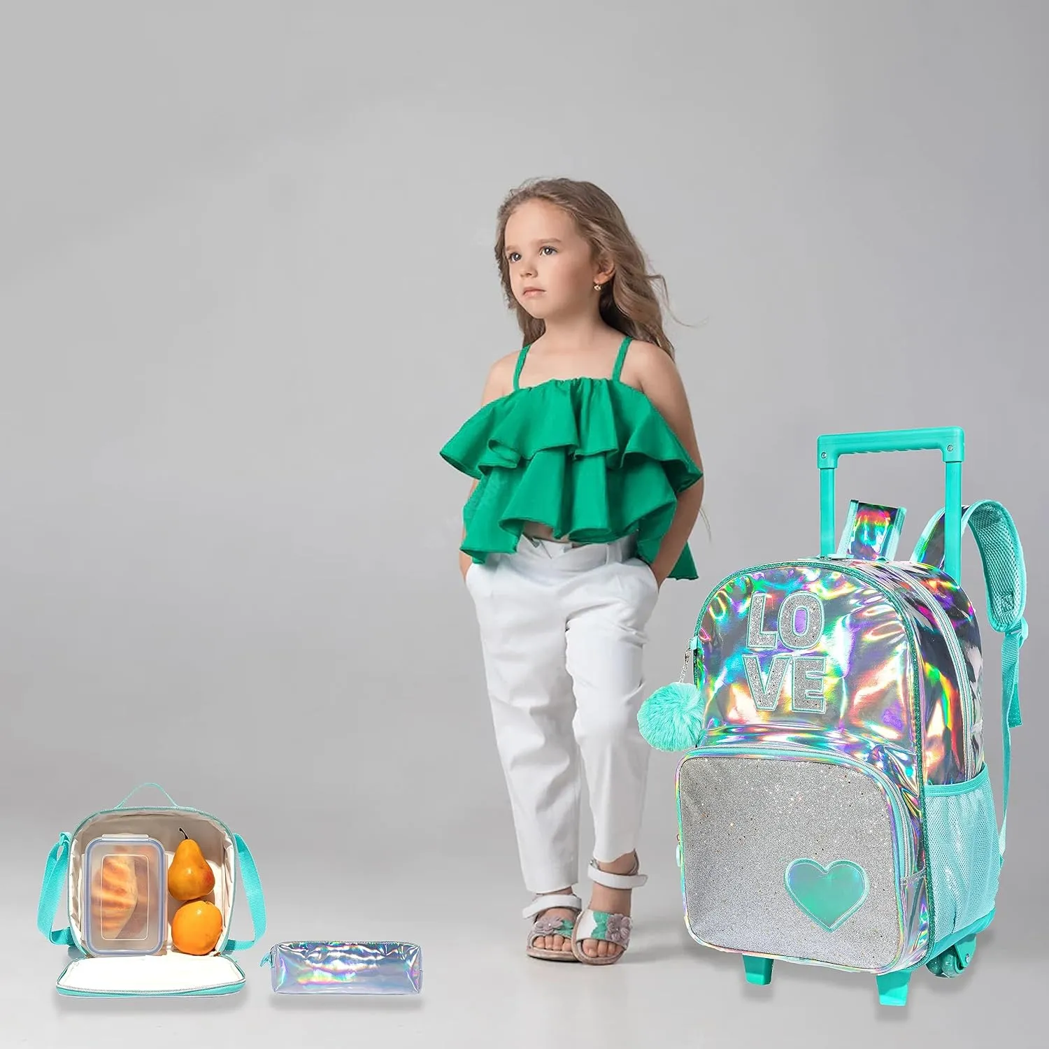 Egchescebo Kids Love Rolling Roller Backpack for Girls 3Pcs Girl Childrens Suitcases Luggage Lunch Box with Wheels School Bags 16" Kids Wheeled Backpack Green Trolley School Bag