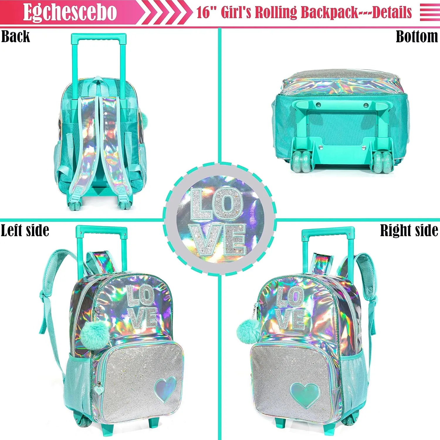 Egchescebo Kids Love Rolling Roller Backpack for Girls 3Pcs Girl Childrens Suitcases Luggage Lunch Box with Wheels School Bags 16" Kids Wheeled Backpack Green Trolley School Bag