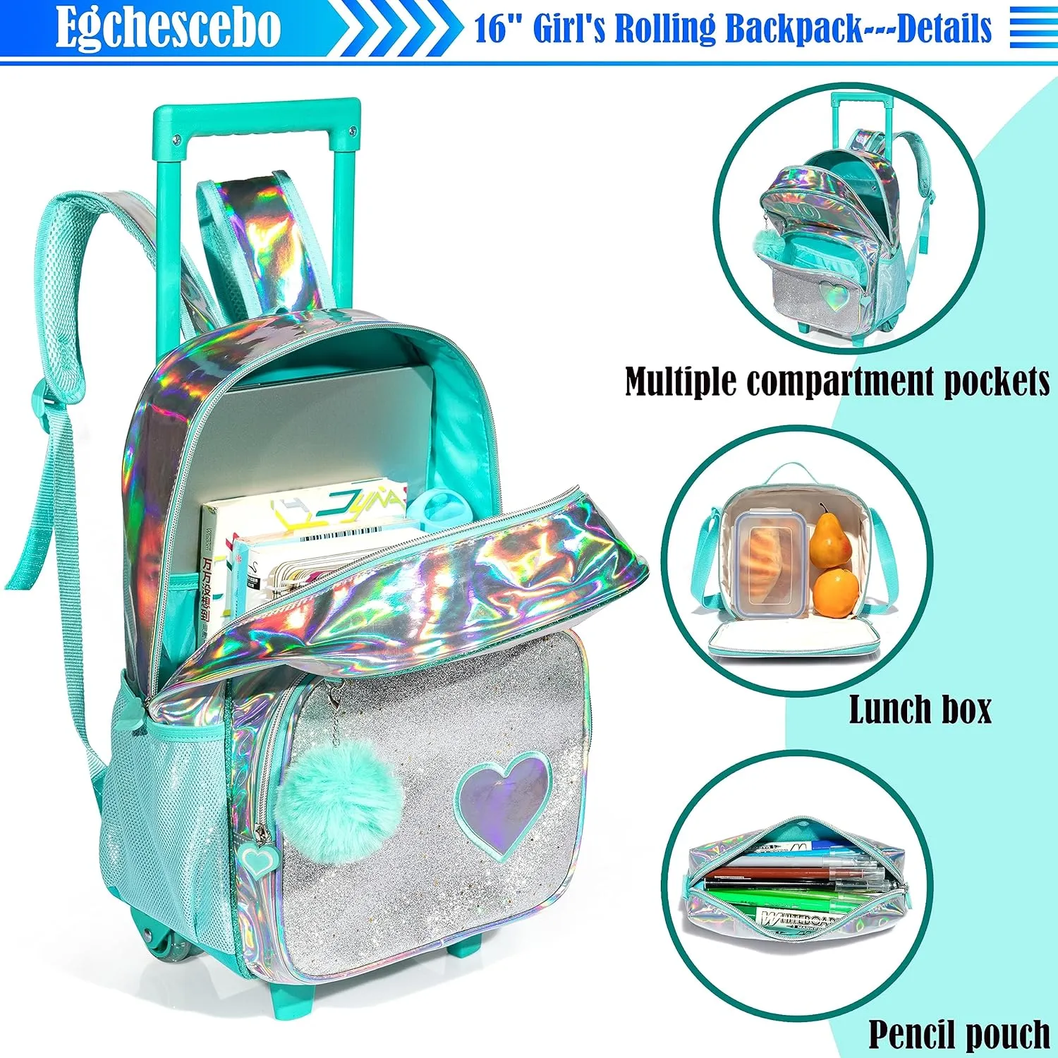 Egchescebo Kids Love Rolling Roller Backpack for Girls 3Pcs Girl Childrens Suitcases Luggage Lunch Box with Wheels School Bags 16" Kids Wheeled Backpack Green Trolley School Bag