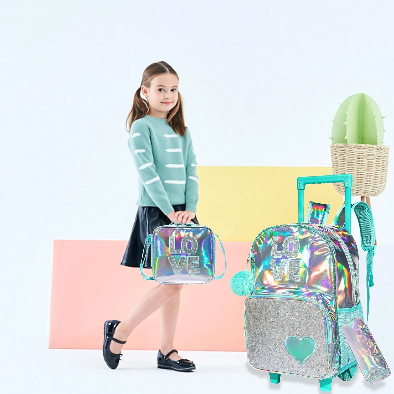 Egchescebo Kids Love Rolling Roller Backpack for Girls 3Pcs Girl Childrens Suitcases Luggage Lunch Box with Wheels School Bags 16" Kids Wheeled Backpack Green Trolley School Bag