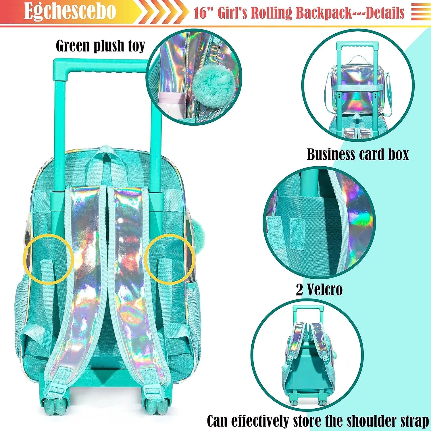 Egchescebo Kids Love Rolling Roller Backpack for Girls 3Pcs Girl Childrens Suitcases Luggage Lunch Box with Wheels School Bags 16" Kids Wheeled Backpack Green Trolley School Bag