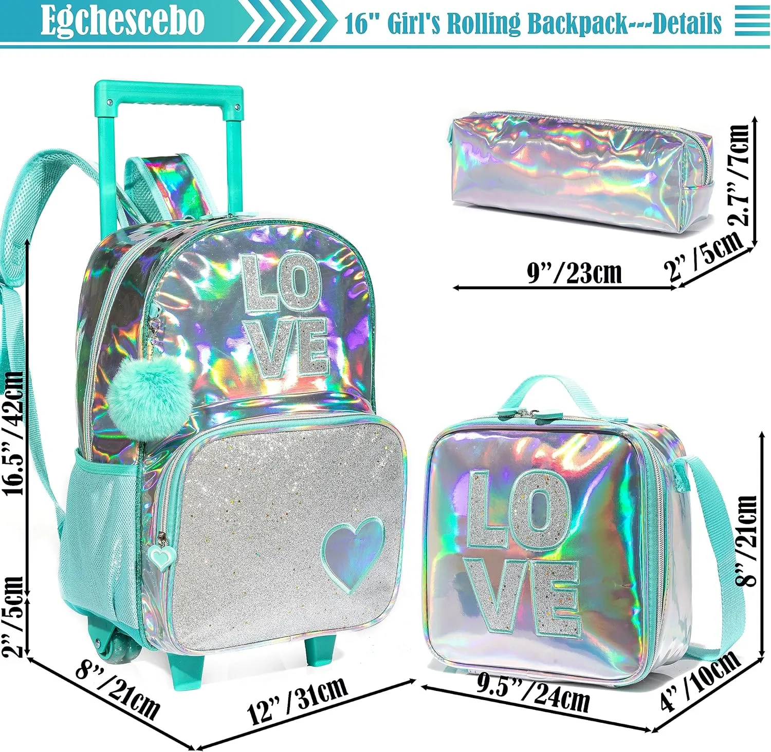 Egchescebo Kids Love Rolling Roller Backpack for Girls 3Pcs Girl Childrens Suitcases Luggage Lunch Box with Wheels School Bags 16" Kids Wheeled Backpack Green Trolley School Bag