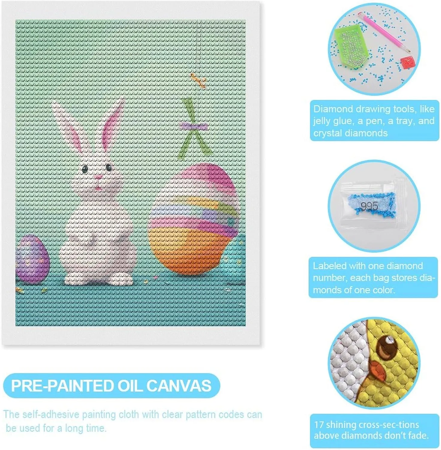 EKYOSHCZ Diamond Painting Kits for Adults DIY Full Drill Diamond Art Kits for Beginners Happy Easter Egg Rabbit Round Drill Paint with Diamond Pictures Gem Art for Home Wall Decor 12"x16"