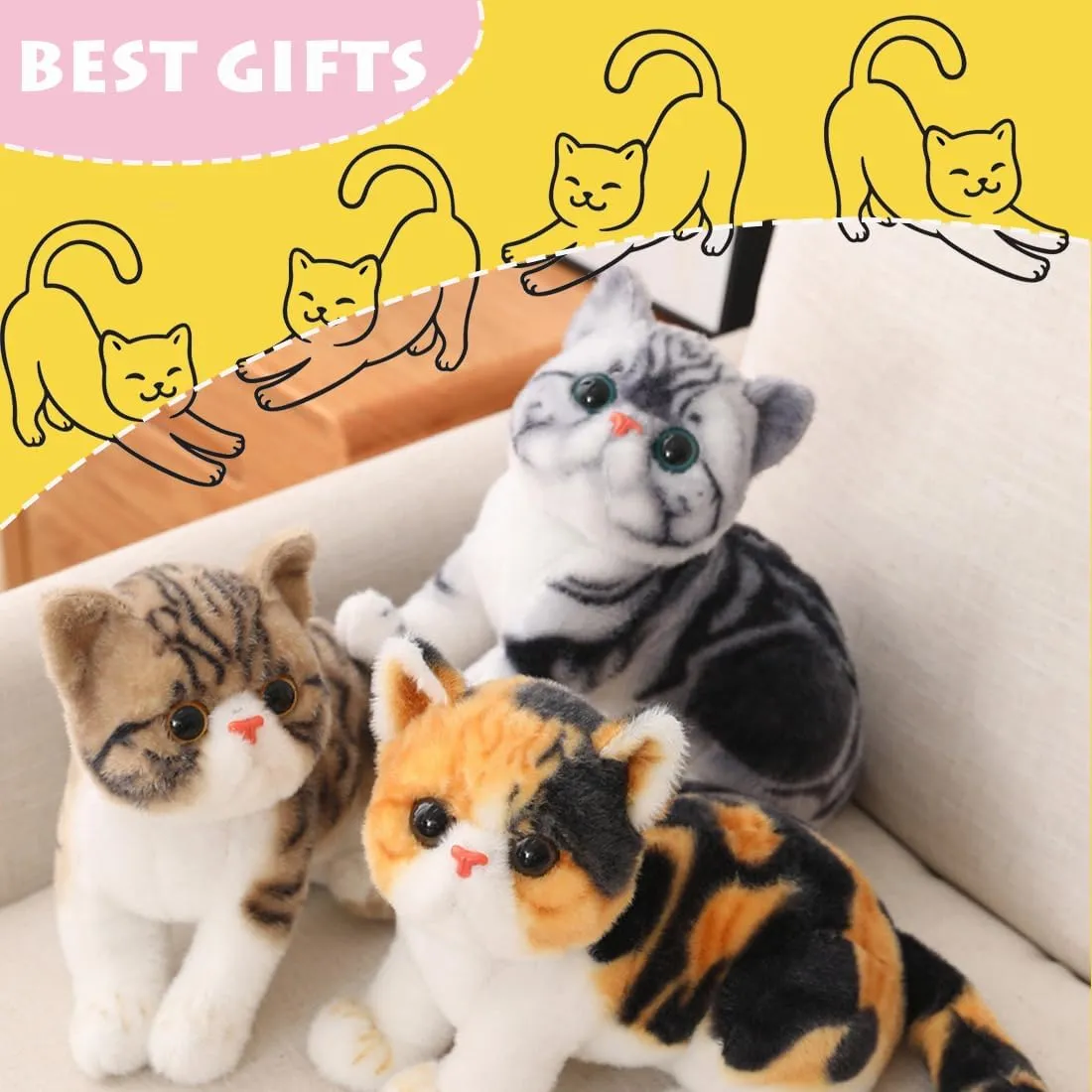 ELAINREN Realistic Yellow Tabby Cat Plush Toy Lifelike Stuffed American Shorthair Kitten Simulation Cuddle Kitty Plushie Dolls Gifts/10.2''
