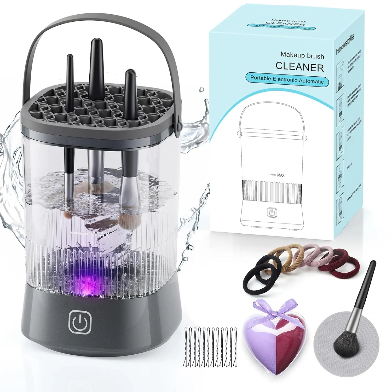 Electric Makeup Brush Cleaner - 9000 RPM Makeup Brush Cleaning Machine, IP65 Waterproof Automatic Makeup Brush Cleaner for Makeup Sponges and Brushes(Gray)