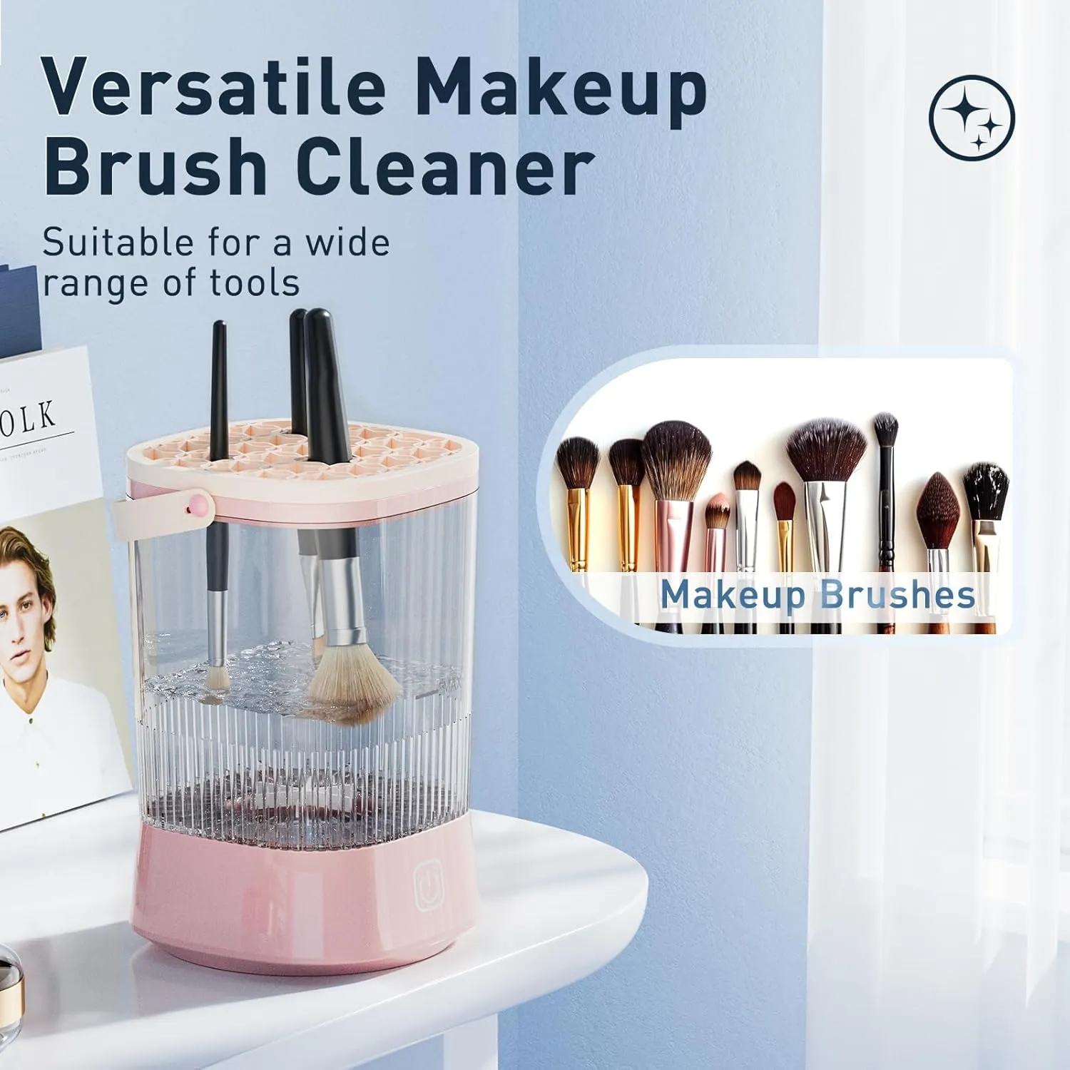 Electric Makeup Brush Cleaner - 9000 RPM Makeup Brush Cleaning Machine, IP65 Waterproof Automatic Makeup Brush Cleaner for Makeup Sponges and Brushes(Pink)