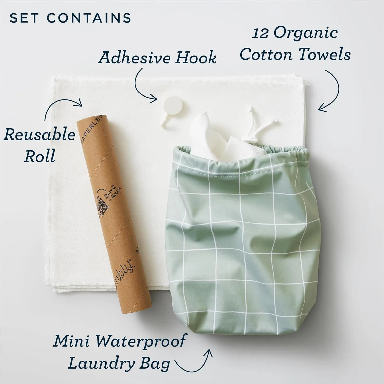 Esembly Paperless Towel Roll - Reusable Kitchen Towels 12-Pack Washable Cotton with Laundry Bag & Hook - Zero-Waste, Absorbent, Washable - Fantastic Fungi