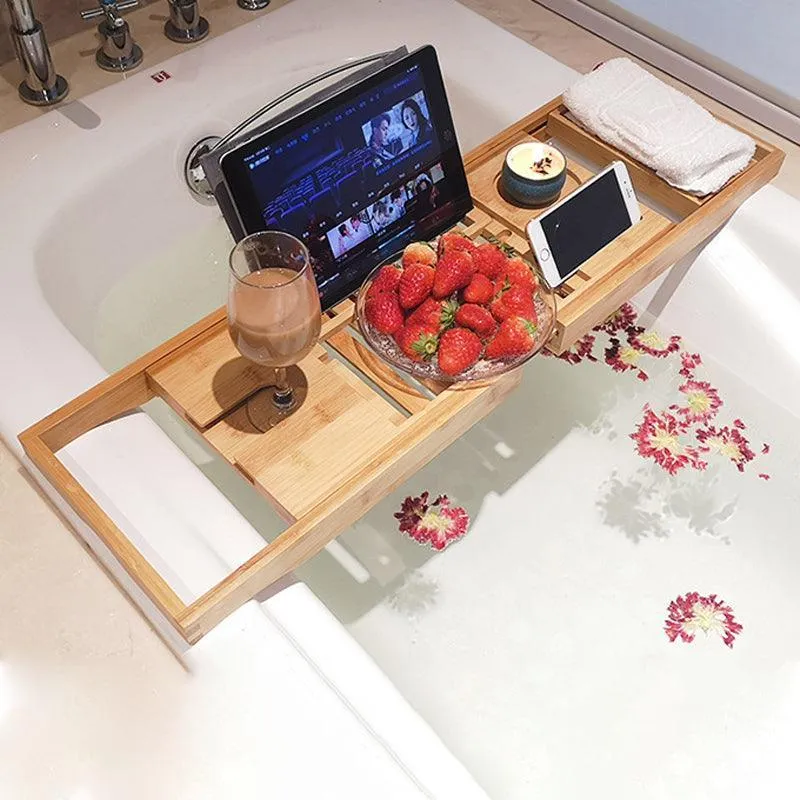 Expandable Bamboo Bath Caddy  Book Iphone Wineglass Holder Over Bathtub Rack Au