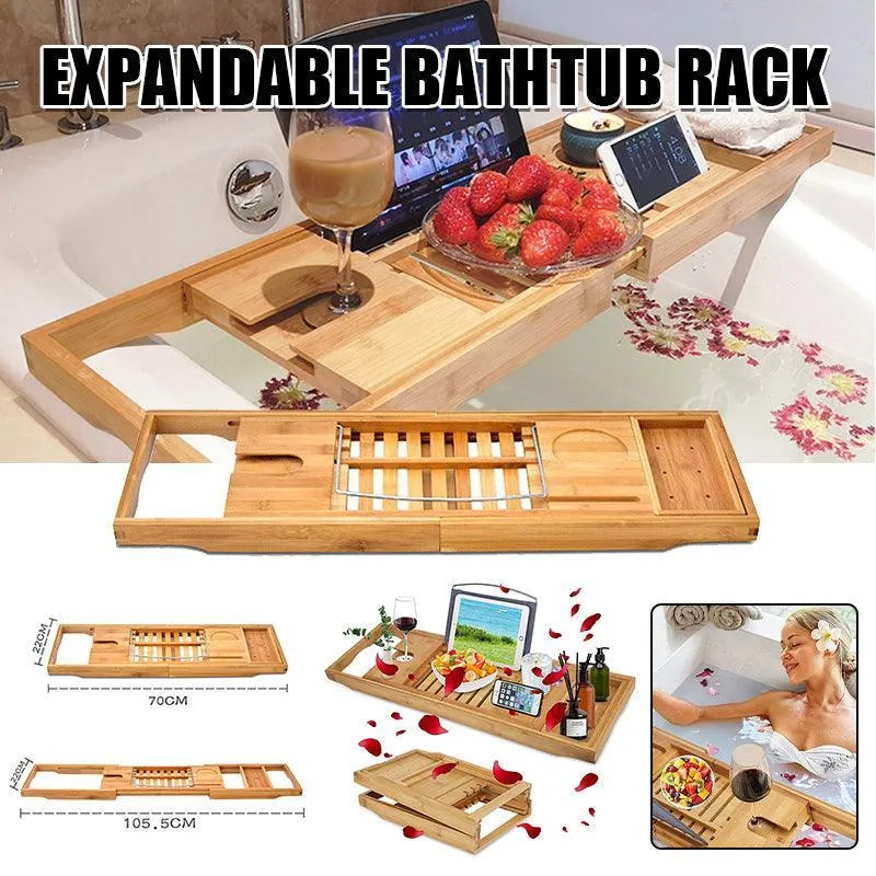 Expandable Bamboo Bath Caddy  Book Iphone Wineglass Holder Over Bathtub Rack Au