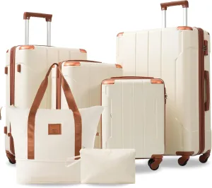 Expandable Hardshell Luggage Set for Travel, Durable and Lightweight with Wheels, for Families, White/Brown