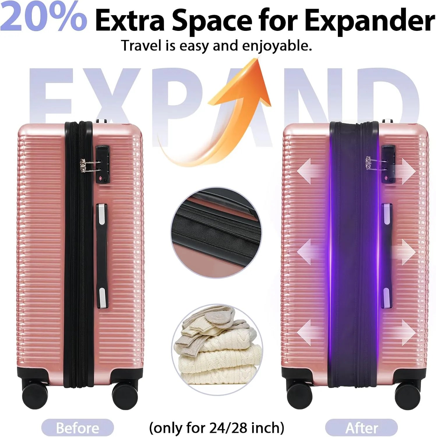 Expandable Luggage Set 3 Piece Hardside Luggage with Spinner Luggage 360 Wheels Lightweight Travel Suitcases with TSA-Approved Carry-on 20/24/28(Pink) US STOCK