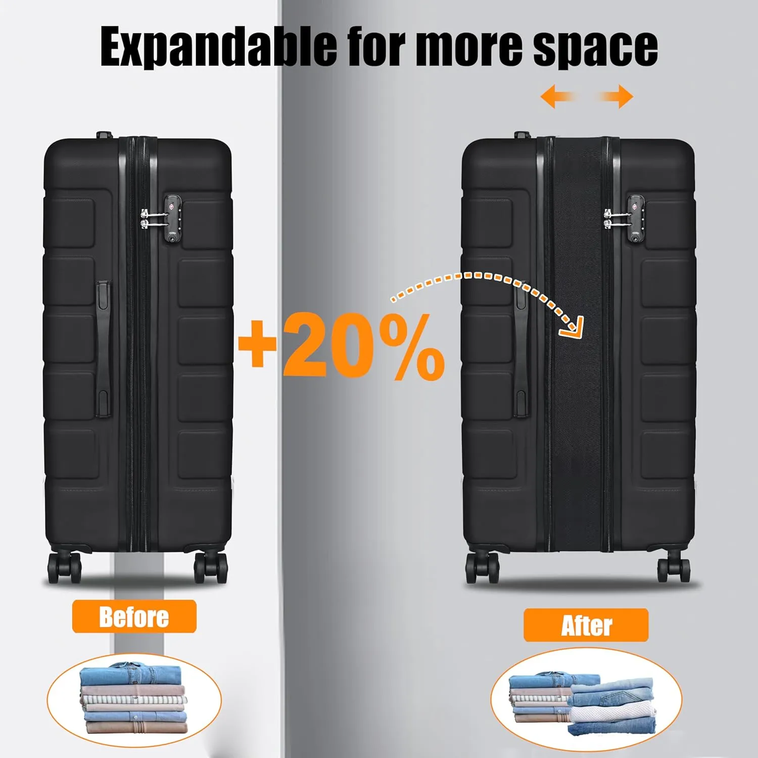 Explorer Lightweight Hardshell 20% Expandable 3 Piece Luggage Set Double Spinner Wheels Carry on Travel Suitcase with TSA Lock, Black (20in/24in/28in)