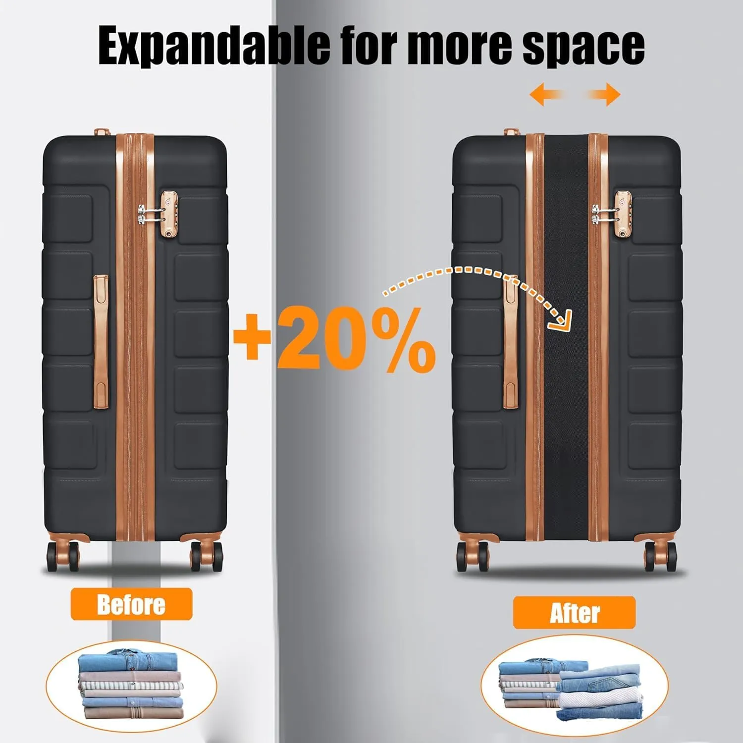 Explorer Lightweight Hardshell 20% Expandable 3-Piece Luggage Set with TSA Lock, Double Spinner Wheels, and Carry-On Suitcase, Apricot Black