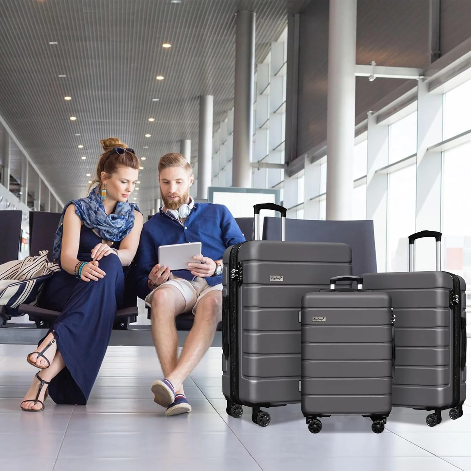 Explorer Lightweight Hardshell 20% Expandable 3-Piece Luggage Set with TSA Lock, Double Spinner Wheels, and Carry-On Suitcase, Grey